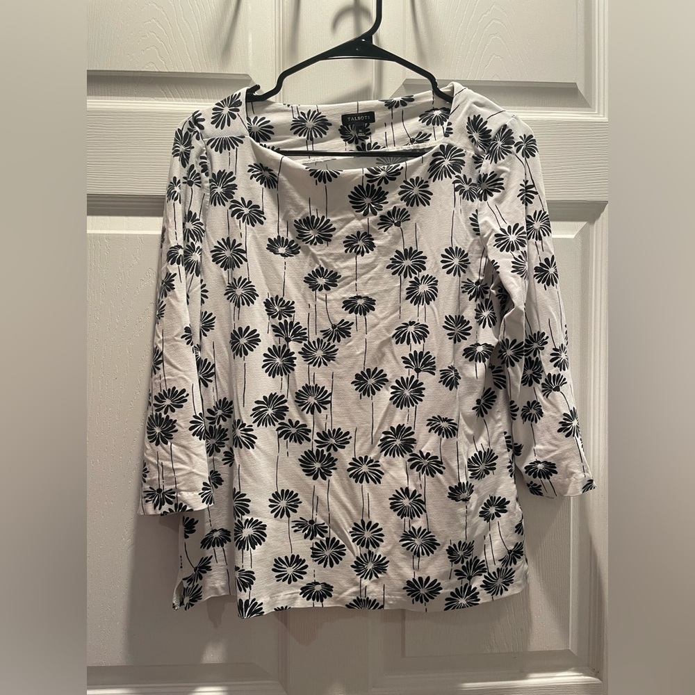 Women's Talbots Black and White Floral  Boatneck Top